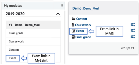 An example of the links to the Exam tool in MMS and MySaint